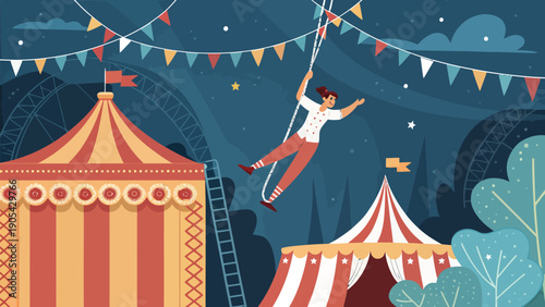 Acrobat performs high wire act at nighttime circus with colorful tents and flags
