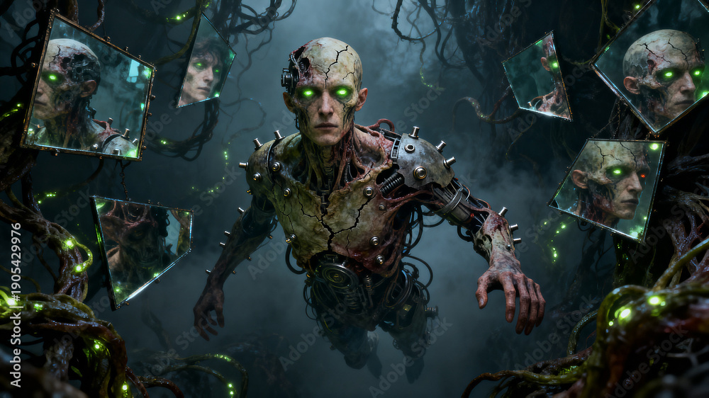 Fototapeta premium Eerie Cybernetic Humanoid with Glowing Green Eyes Floating Among Broken Mirror Shards