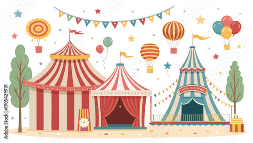 Colorful circus tents and equipment vector set with balloons and banners in a festive outdoor setting for events and entertainment