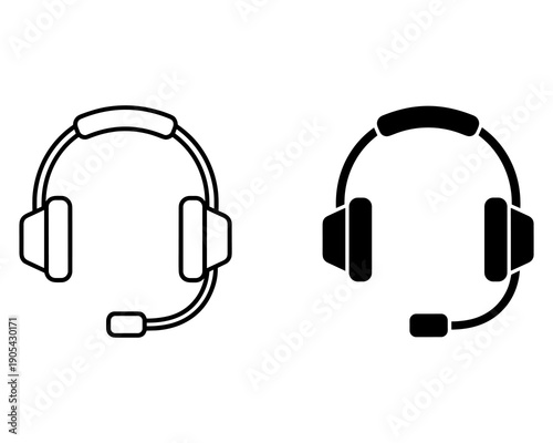 Black and white headset icons, customer support, call center equipment, simple design