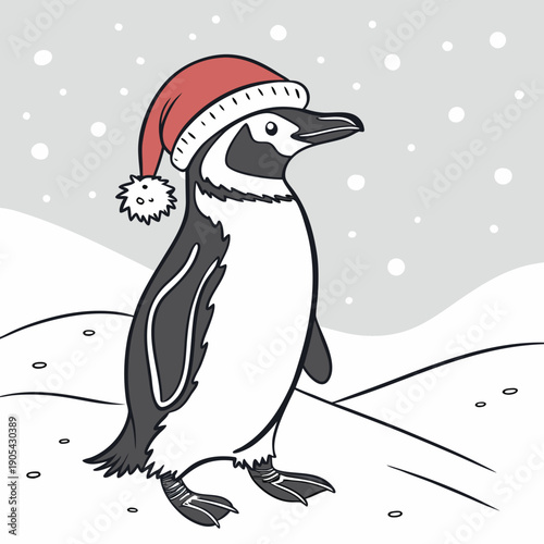 Illustration of a penguin wearing a santa hat standing in a snowy landscape with falling snowflakes