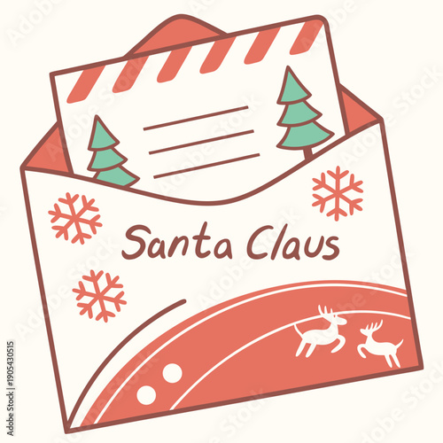 Illustration of a christmas letter to santa claus with trees and reindeer in a festive envelope