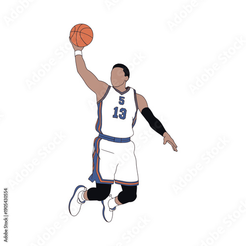 Dynamic Male Basketball Player Dunking the Ball Vector Illustration on White Background, Powerful Athletic Action Sport Concept