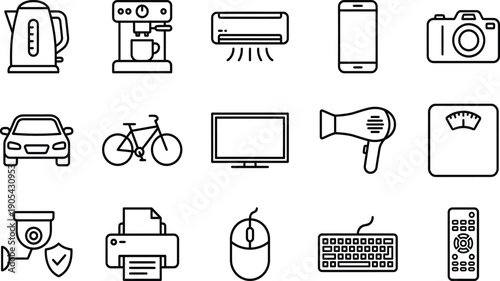 Linear Icon Set Featuring Education Technology, Artificial Intelligence, Smart Home Appliances, Business Growth, Yoga Wellness, Science Research, University Learning, and Trees.