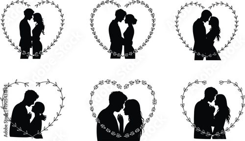 Flat vector romantic couple silhouettes inside heart shaped leaf wreaths, love embrace kiss wedding valentine design illustration for Adobe Stock