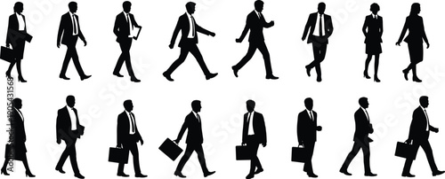 Flat vector silhouettes of business professionals walking with briefcases, corporate attire, teamwork, diversity, office identity, professional success, workplace collaboration illustration