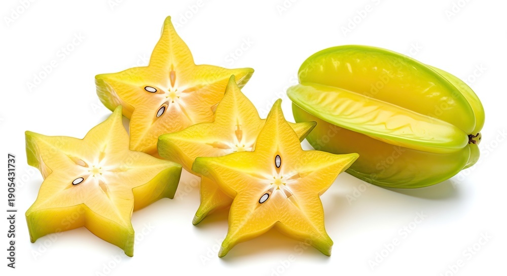 Fototapeta premium Freshly Sliced Carambola and Whole Tropical Star Fruit Displayed on a Pristine White Background, Highlighting Healthy Exotic Produce for a Wholesome Diet