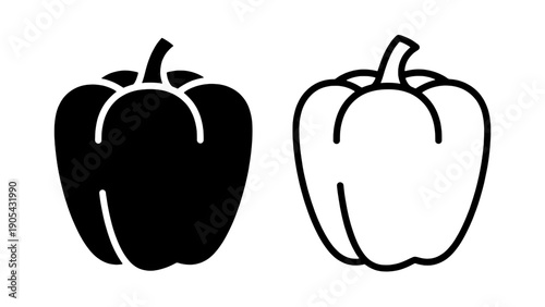 Bell pepper vegetable graphic featuring solid silhouette and clean outline versions isolated on transparent background. Perfect for culinary designs, healthy eating concepts, or grocery branding.