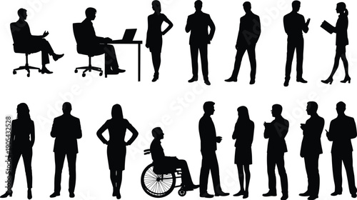 Flat vector silhouettes of diverse business professionals including wheelchair user, office teamwork, inclusivity, collaboration, communication, corporate identity, workplace diversity illustration
