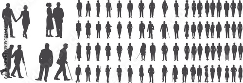 Flat vector silhouettes of diverse individuals standing, couples holding hands, mobility aids, inclusivity, accessibility, diversity, human interaction, demographic illustration