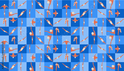 Geometric swimming background with repeating swimmer poses arranged in a grid layout. Flat modern illustration inspired by sport movement and pool training. Suitable for backgrounds, editorial