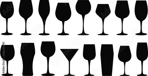 Wine and cocktail glass silhouette icon set featuring assorted drinkware shapes for bar, restaurant, menu, and beverage design projects
