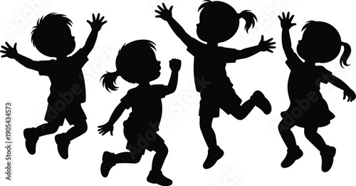 Happy children jumping silhouette icon set showing playful kids celebrating movement, joy, and freedom for childhood, education, and active lifestyle designs