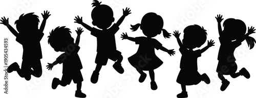 Happy children jumping silhouette icon set showing playful kids celebrating movement, freedom, and joy for childhood, education, and active lifestyle designs