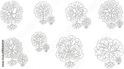 Linear Icon Set Featuring Education Technology, Artificial Intelligence, Business Growth, Career Success, Yoga Wellness, Office Productivity, Science Research, and Pine Trees.