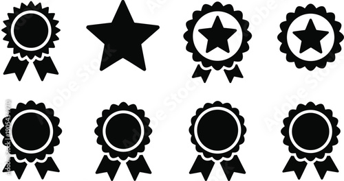 Award badge and star icon set featuring achievement ribbons, quality seals, and rating symbols in bold black silhouette style