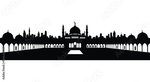 Islamic mosque silhouette with domes and minarets against white background