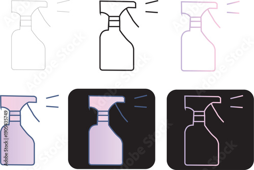 Spray Bottle Icon Set Featuring Outline, Gradient, and Solid Variations for Household Cleaning and Hygiene Products