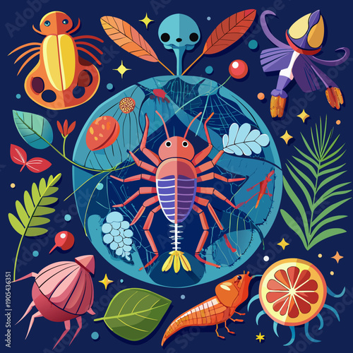 Whimsical Arthropod Assemblage on Dark Background