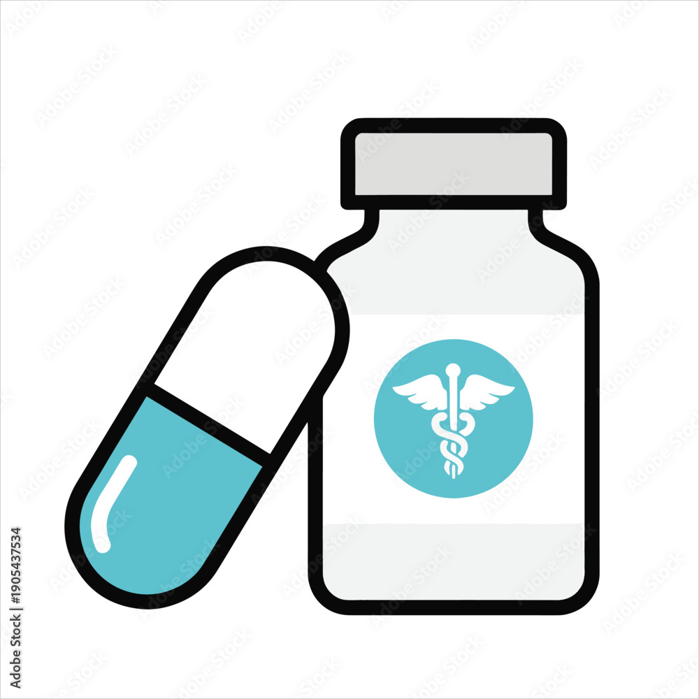 Fototapeta premium Medical Pill Bottle Icon – Flat Pharmacy Capsule Illustration