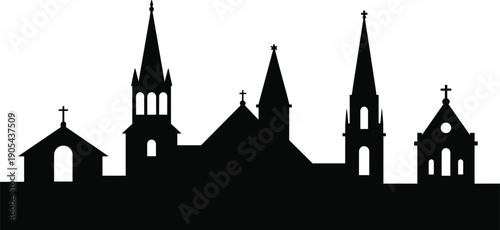 Church skyline silhouette with cathedral towers and crosses religious architecture cityscape panorama black vector illustration