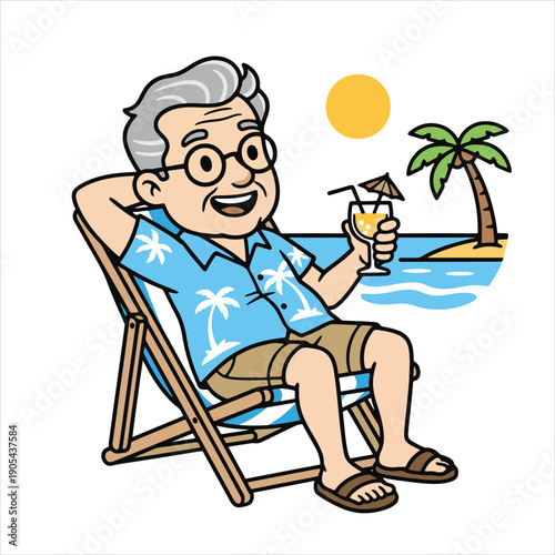 Retired Man Relaxing on Beach Chair Cartoon Vector