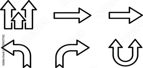 Set of black outline arrow icons including straight, curved, turning, and upward direction symbols for navigation and wayfinding graphic design
