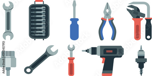 Set of professional automotive mechanic hand tools including wrench, screwdriver, pliers, ratchet, socket kit, spark plug, and power drill for repair 