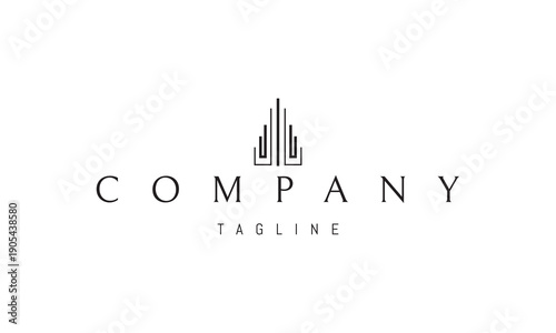A vector logo featuring an abstract image a high-rise building constructed from clean linear forms, symbolizing modernity and vertical growth.