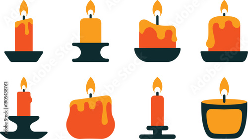 Set of autumn orange candle illustrations in various shapes and sizes with dripping wax and black holders for cozy home decor and holiday celebration flat vector elements