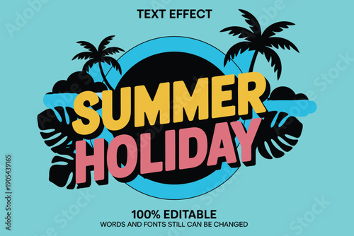 summer holiday 3d editable text style on bright summer backdrop.