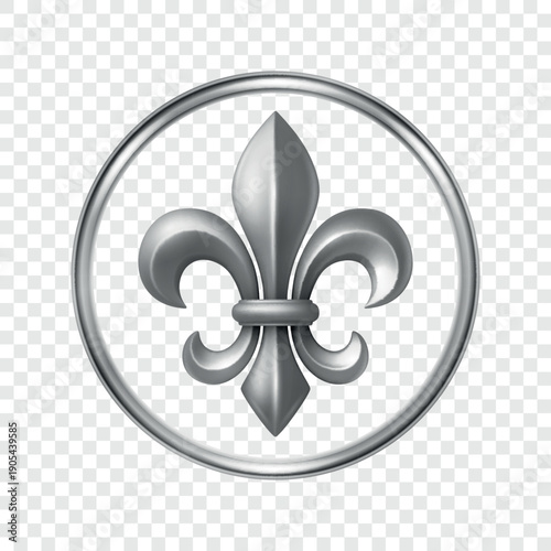 Vector 3d Silver Fleur De Lis Symbol in Round Frame, Isolated. Elegant Royal Emblem. Classic French Heraldic Icon. Luxury Fleur De Lis Sign. Logo Design, Badge, Noble Decoration, Vintage Ornament