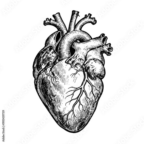 Human heart anatomy illustration, vintage engraving style medical organ for science and biology concept