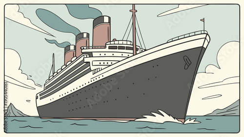 Illustration of a large ocean liner with smokestacks sailing on the sea under a cloudy sky view