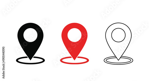 Set of three location pin icons in black red and outline.