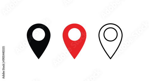 Set of three location pin icons in different styles.