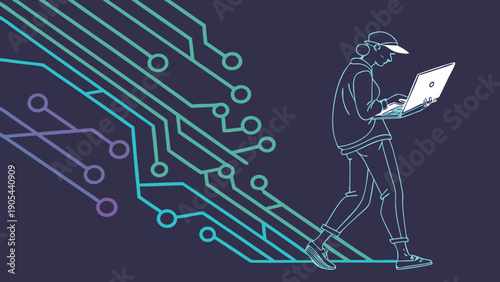 Person walking with laptop against a background of circuit board lines in blue and purple colors design