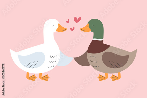 Two cute hand drawn ducks holding each other wings. Cartoon duck and drake in love. Vector illustration