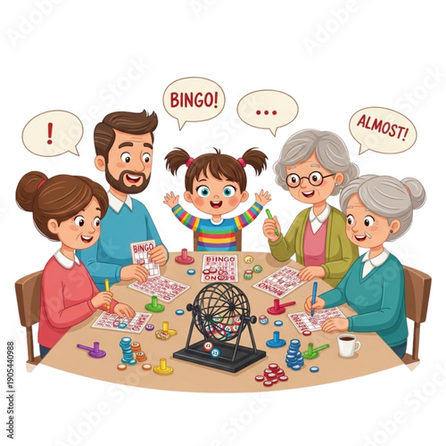 Girl playing bingo with family.  Happy Multigenerational Family Playing Bingo Game Together at Table, Joyful Gathering, Leisure Activity