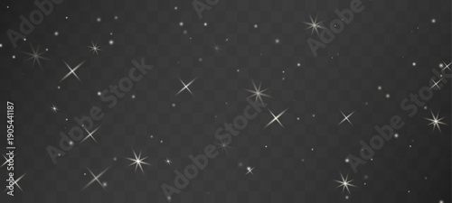 White dust particles and small white stars of various sizes and transparency on dark background. Abstract night sparkle texture.