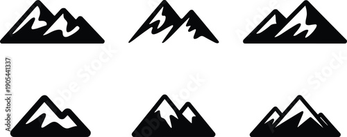 Minimal mountain logo icon set with flowing snow peaks, bold black vector alpine silhouettes for outdoor and lifestyle branding