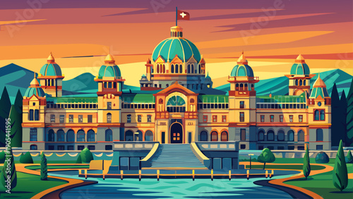 Very beautiful historic British Columbia Parliament Building in Victoria, presenting grand architecture, waterfront setting, and a strong civic presence representing Canadian heritage and governance.
