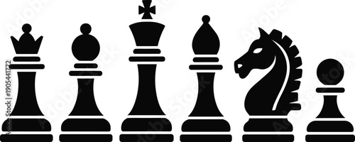 Chess pieces silhouette row featuring king queen bishop knight rook and pawn classic strategy board game illustration