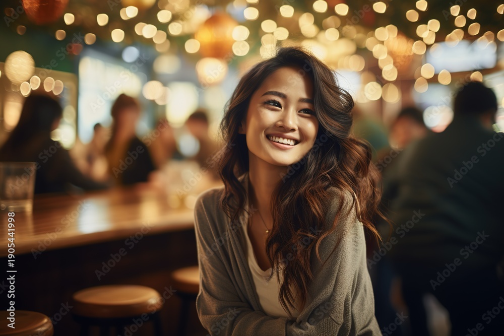 Fototapeta premium A woman sits at a bar and smiles while friends chat and laugh around her. The place is bright with many lights hanging above, creating a joyful atmosphere for socializing