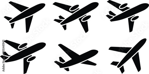 Airplane icon set with multiple flight angles black silhouette aviation transport symbols minimal flat design isolated on white