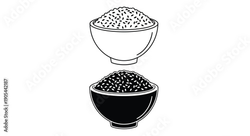 Two bowls of rice, white and black sesame seeds