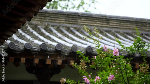 Asian Temple in Rain with Pink Flowers