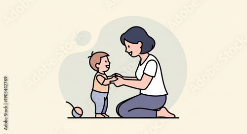 Mother Helping Little Boy with Toy on Floor, Simple Illustration Style