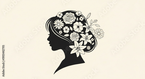 Woman Silhouette with Floral Hair Illustration on White Background