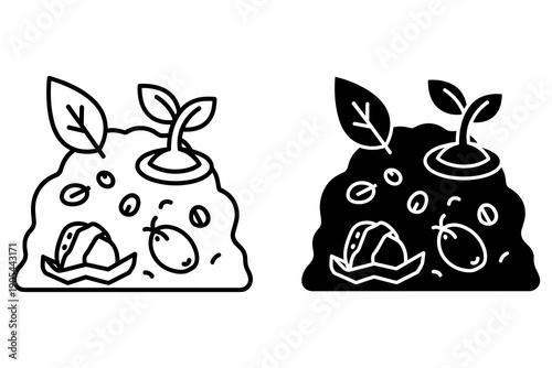 Sprouting Seeds in Soil Heap Illustration, Black and White Line Art